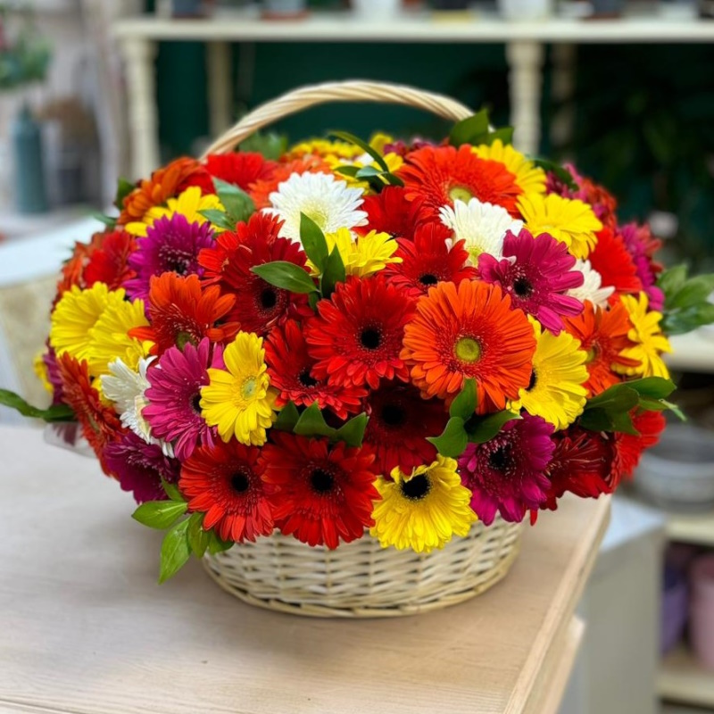 Гр-270 Корзина из 101 герберы и рускуса