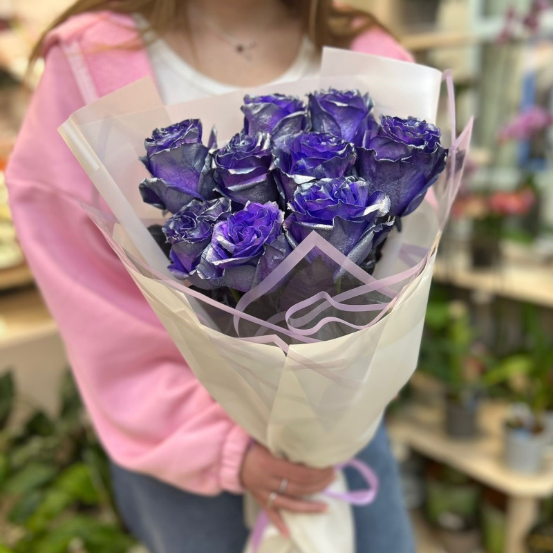 Р-42а Букет из 11 синих роз 50см.